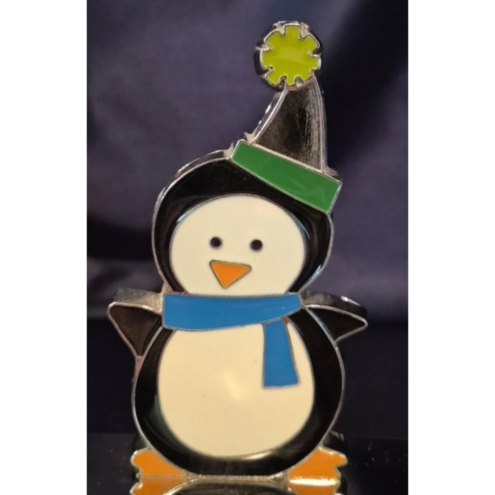 Enamel Christmas Penguin Stocking Holder with Chrome Base Hook